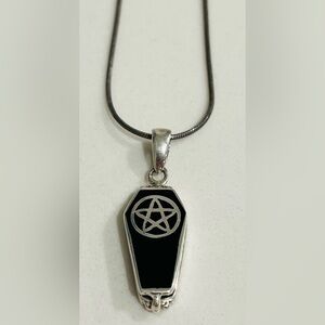 Sterling Silver 925 Coffin Pentagram Black Enamel Pendant Necklace. Opens up.